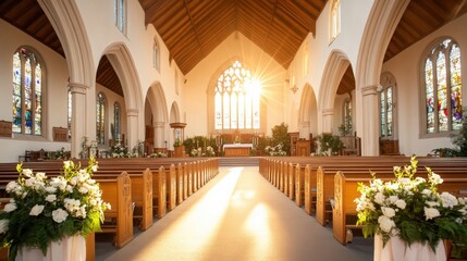 The church is filled with pews and stained glass windows