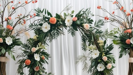 Arrangement of flower arches featuring leaves, branches, and flowers against a white backdrop. A notion of elegance, embellishment, and festivity