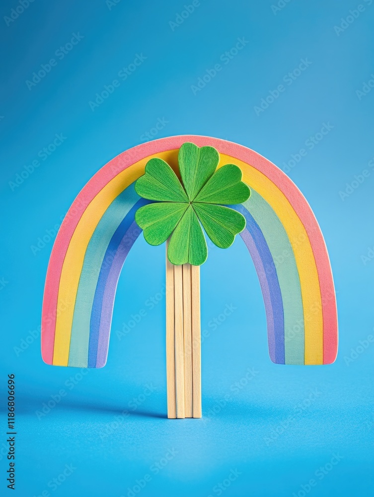 Poster rainbow with a shamrock on top of it. the shamrock is green and the rainbow is multicolored