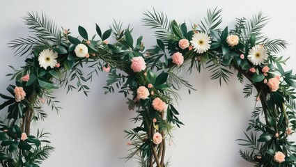 Arrangement of flower arches featuring leaves, branches, and flowers against a white backdrop. A notion of elegance, embellishment, and festivity