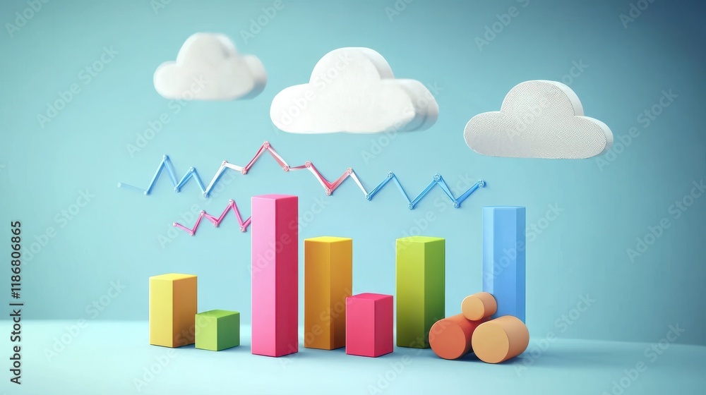 Poster cloud and bar graphs represent cloud budgeting and financial analytics in digital environment