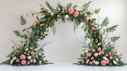 Arrangement of flower arches featuring leaves, branches, and flowers against a white backdrop. A notion of elegance, embellishment, and festivity
