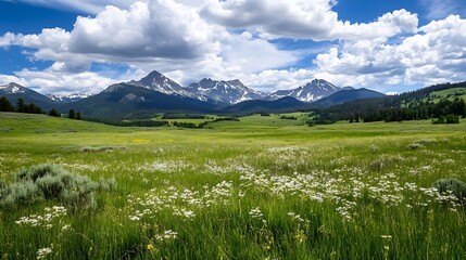 Obraz premium Idyllic Landscape of Expansive Field with Mountainous Backdrop and Blue Sky : Generative AI