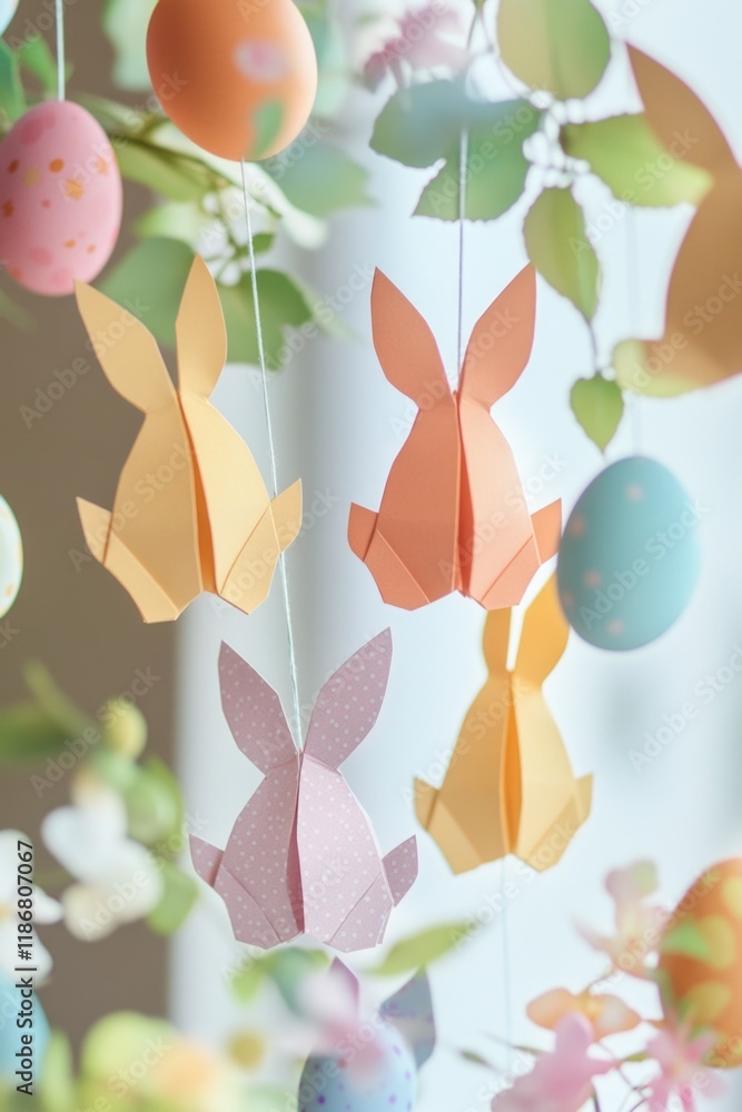 Poster hanging decoration of paper rabbits and eggs. the rabbits are in various colors and sizes, and the e