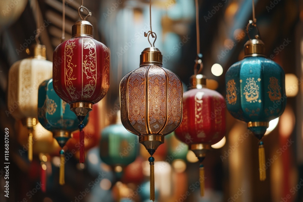 Poster collection of colorful lanterns hanging from the ceiling. the lanterns are of different sizes and co