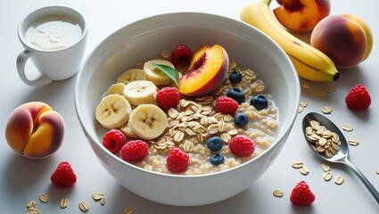 Bananas, peaches, raspberries, and oatmeal porridge in a white bowl. Porridge on a clear background, isolated. Porridge-filled bowl set for packaging design