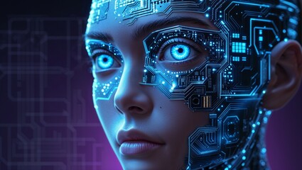 Close-up of human face with digital circuits representing AI technology. Generative AI image