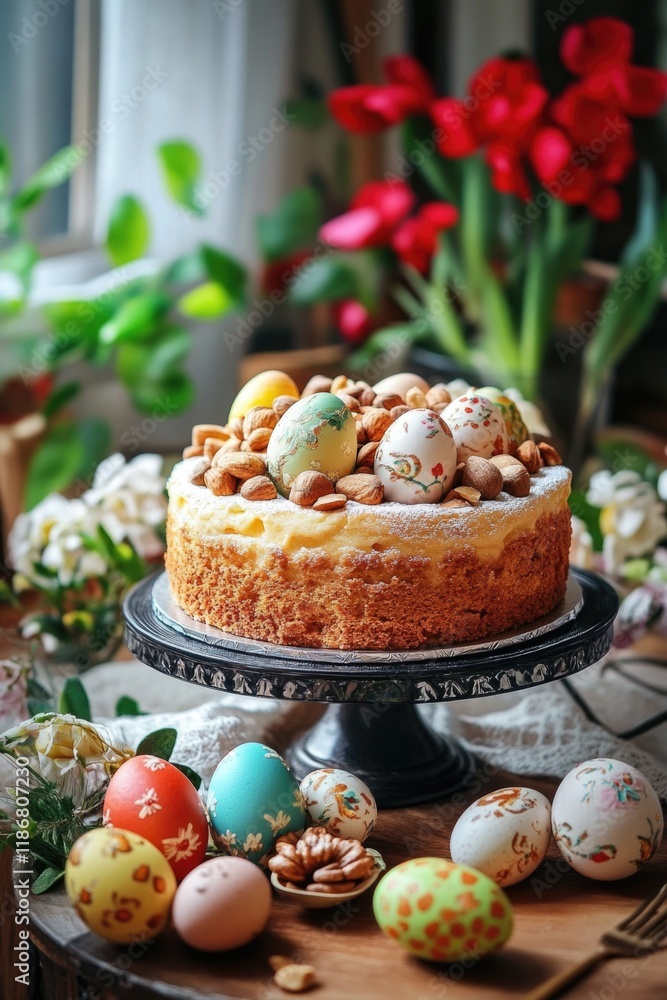 Poster delicious cake with a variety of colorful eggs on top is displayed on a wooden table. the table is a
