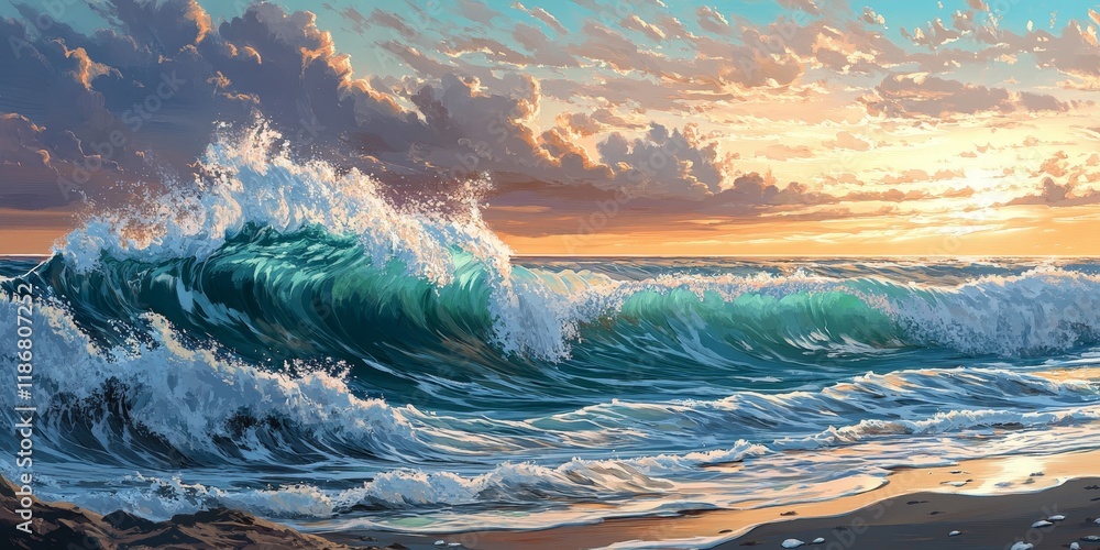 Poster afternoon waves crashing create an enchanting scene as the waves break dramatically, showcasing the 