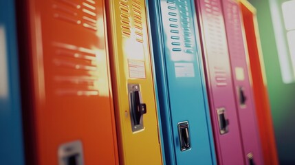 Naklejka premium Row of colorful lockers, including a bright yellow one in the middle, are lined up against a wall. The lockers are of various colors, with the yellow one standing out as the central piece