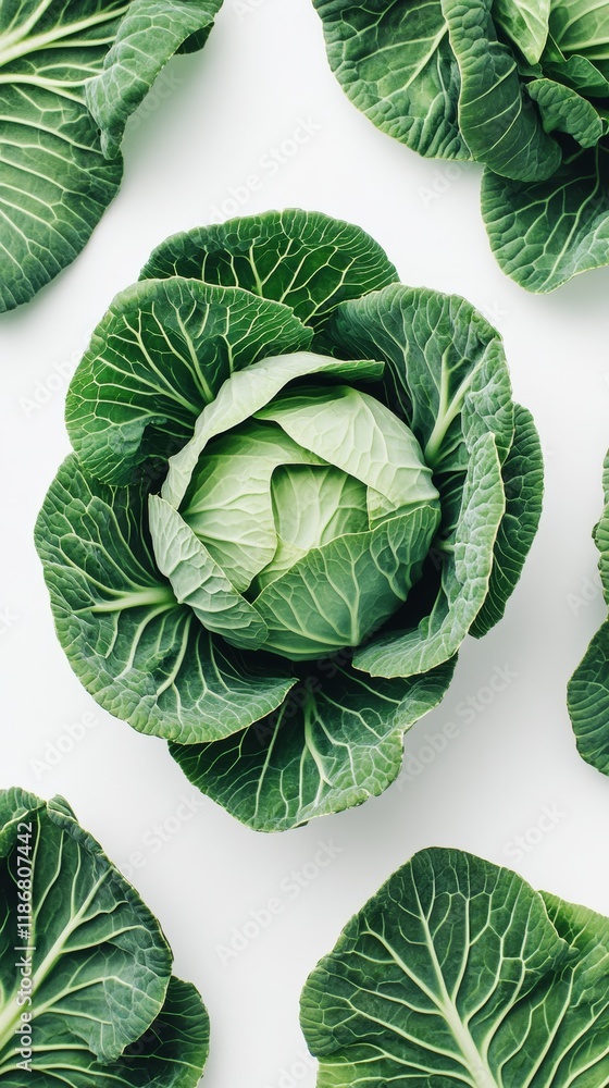 Poster green cabbage and its leaves arranged on a white background creating a vibrant and symmetrical patte