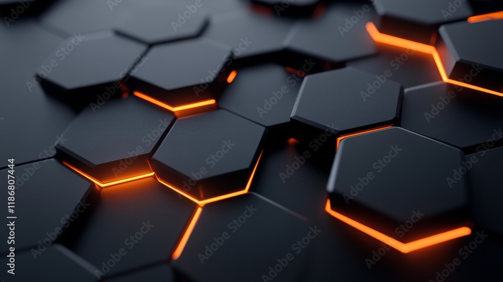 Poster glowing orange-edged hexagonal geometric pattern suggesting advanced digital technology design