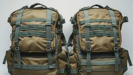 Close-up of a pair of military backpacks isolated on a white backdrop. The idea of military attire