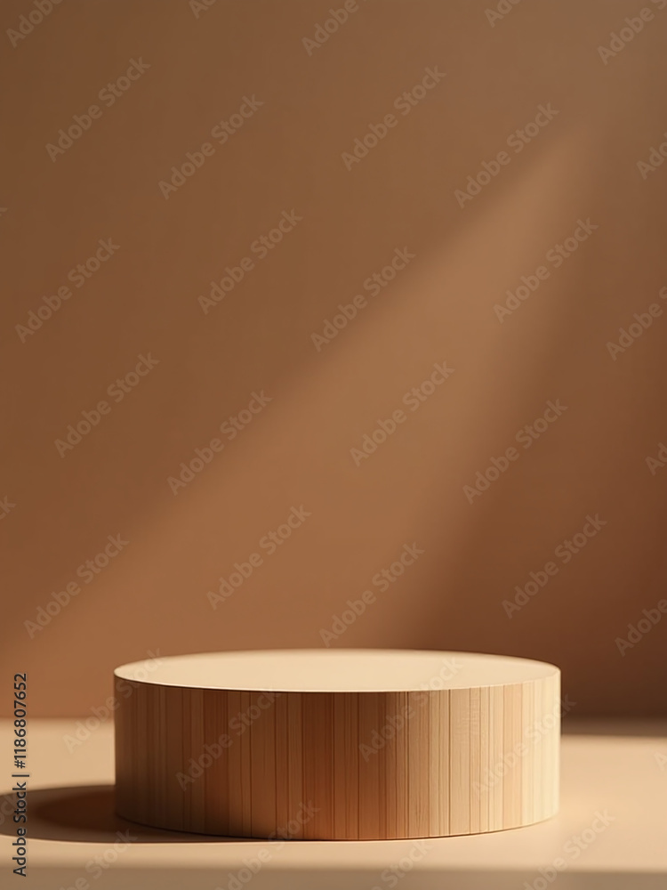 Poster a wooden podium stands against a simple blurred brown background, ideal for product presentation in 