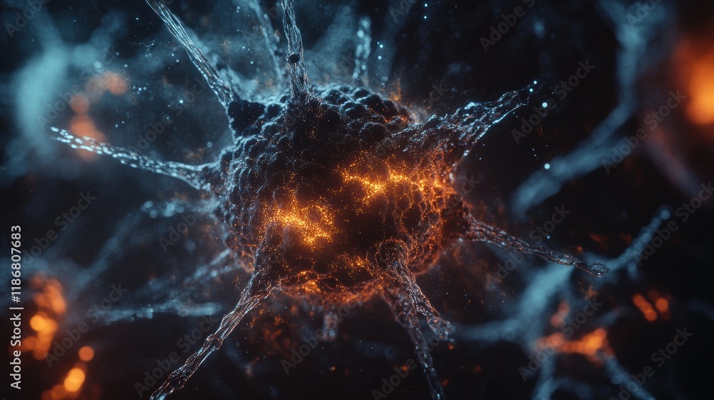 Poster detailed 3d visualization showcases intricate structure of a virus with glowing molecular features a