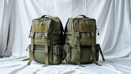 Close-up of a pair of military backpacks isolated on a white backdrop. The idea of military attire