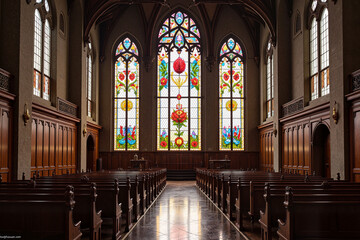 Fototapeta premium Sacred Church Interior with Illuminated Stained Glass