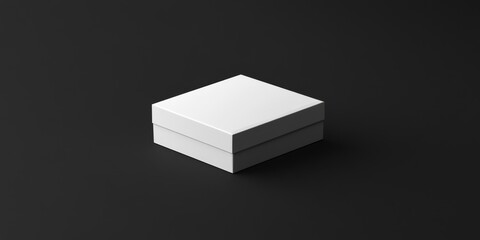 A mockup depicting a white packaging box set against a black backdrop creates a striking visual contrast between the white box and the dark background.