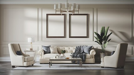 Elegant living room interior design, beige sofa, two frames, sunlight. Ideal for home decor websites