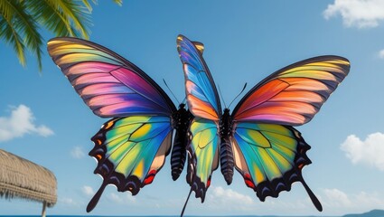 On a clear background, a pair of stunning, multicolored, tropical butterflies with wide wings. The idea of beautiful insects