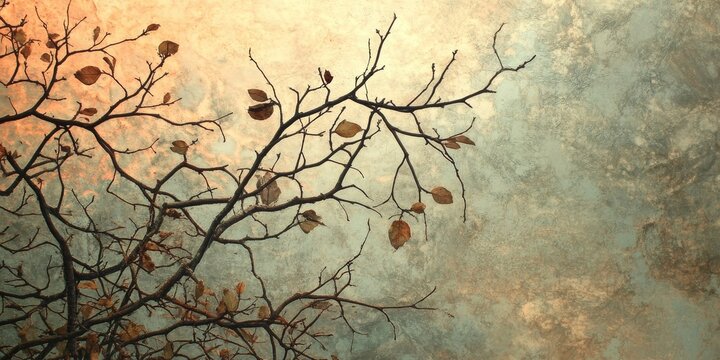 Dendrology showcases a frequent grid of branches with abundant overstocking and dry leaves, symbolizing winter dormancy--the period of growth stoppage and a state of uncertainty under the setting sun.