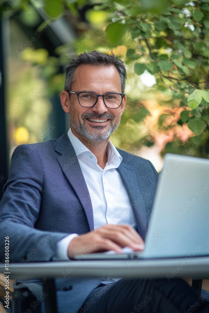 Poster man in a suit and glasses is sitting at a table with a laptop in front of him. he is smiling and he 