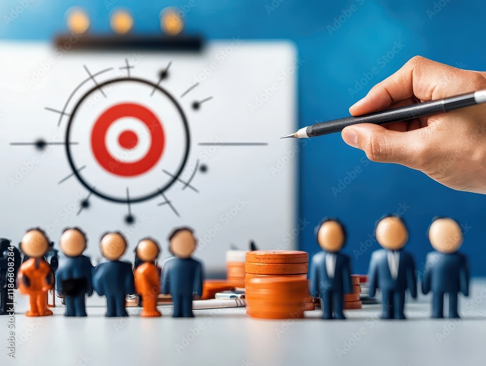 Poster a hand points at a target while surrounded by small figures, illustrating teamwork and goal setting 