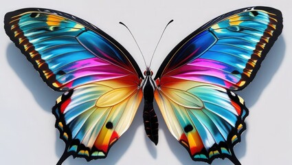 On a clear background, a pair of stunning, multicolored, tropical butterflies with wide wings. The idea of beautiful insects