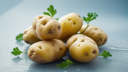 Organic and young fresh potatoes are shown isolated against a clear backdrop. Concept of everyday food