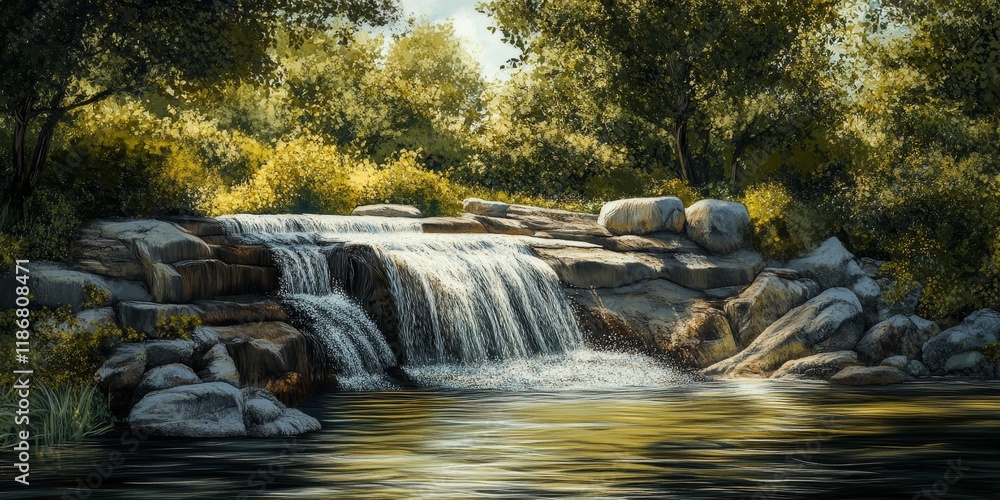 Poster water flow captures the essence of nature, featuring trees in the background that enhance the tranqu