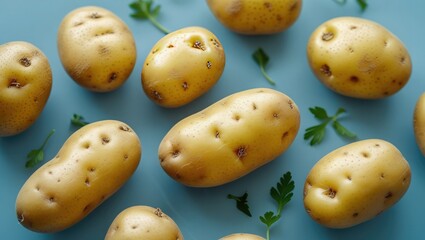 Organic and young fresh potatoes are shown isolated against a clear backdrop. Concept of everyday food