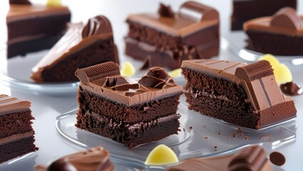 Pieces of chocolate cake on a clear background. Chocolate Cake Day is a delicious and sweet cuisine idea.
