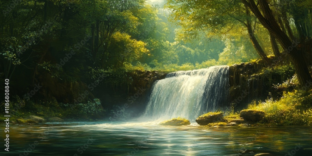Poster water flow captures the essence of nature, featuring trees in the background that enhance the tranqu