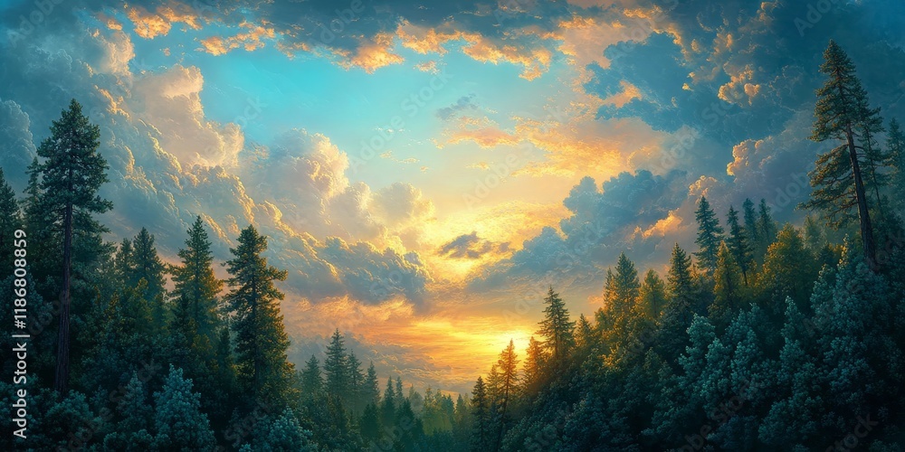 Poster stunning clouds and sky at sunset create a mesmerizing view over a lush coniferous forest filled wit