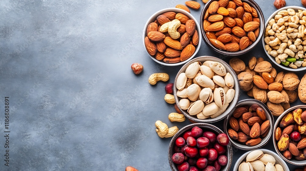 Poster Assorted Nuts in Decorative Bowls on Rustic Slate Background for Healthy Eating : Generative AI