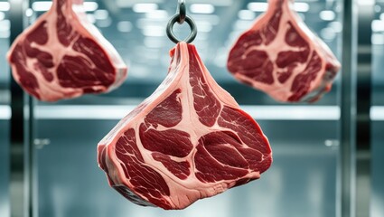 Pieces of raw beef meat on a metal hook on a clear backdrop. The idea of fresh meat