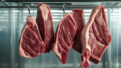 Pieces of raw beef meat on a metal hook on a clear backdrop. The idea of fresh meat