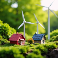Colorful eco-friendly image featuring sustainable homes with wind turbines  trees
