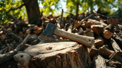 A weathered axe with a wooden handle rests on a rough-hewn stump amidst a pile of firewood, bathed in the warm glow of sunlight filtering through the trees.