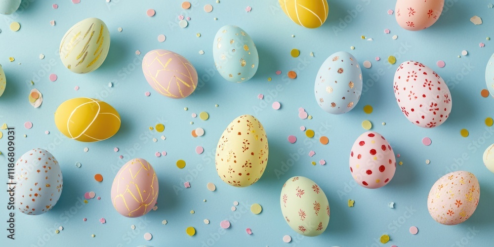 Poster blue background with a bunch of colorful eggs scattered around it. the eggs are of different sizes a