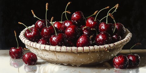 Fresh and juicy cherries in a ceramic basket adorned with water droplets, showcasing the vibrant and appealing allure of juicy cherries in a delightful composition.