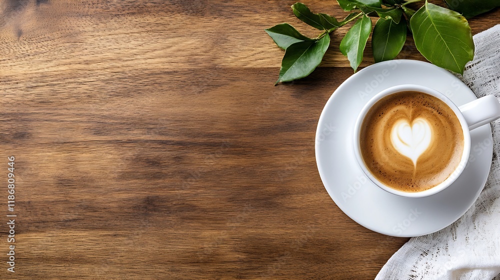 Poster artisan coffee with latte art on rustic wooden table with fresh green leaves : generative ai
