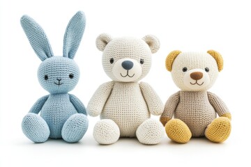 Fototapeta premium Three cute knitted stuffed animals - blue bunny, small bear, and flat-design teddy - isolated on white background.