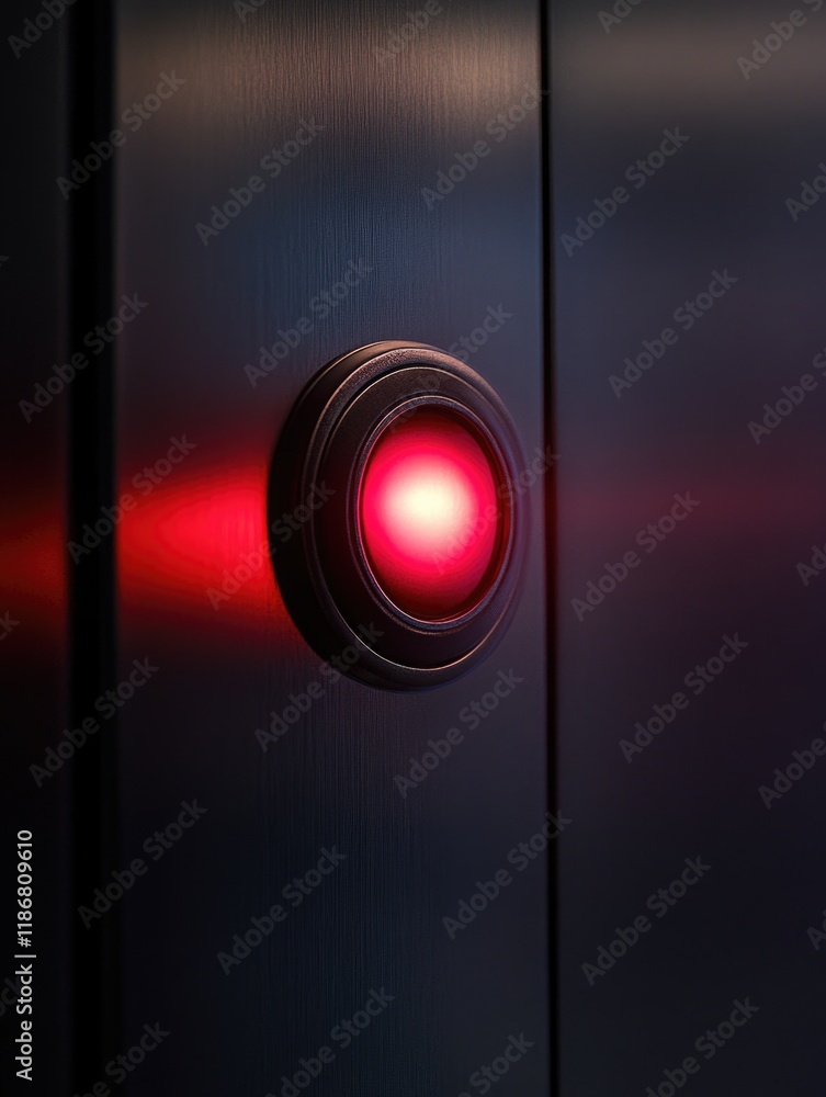 Poster red button with a glowing center. the button is surrounded by a black background. the red button is 