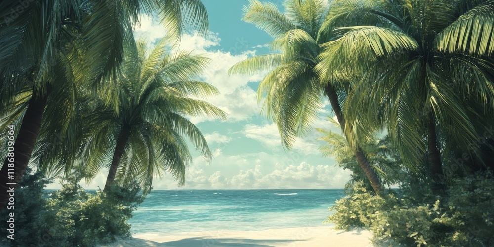 Poster tropical beach featuring lush palm trees swaying gently in the breeze, creating a serene atmosphere 