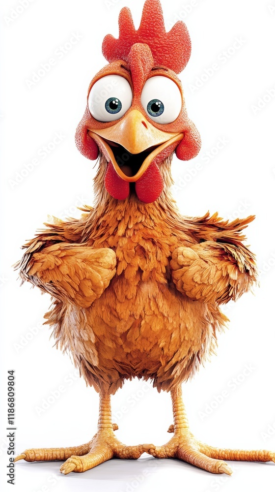 Aufkleber 3d rendering of a funny cartoon chicken character smiling with big eyes and open beak, isolated on w