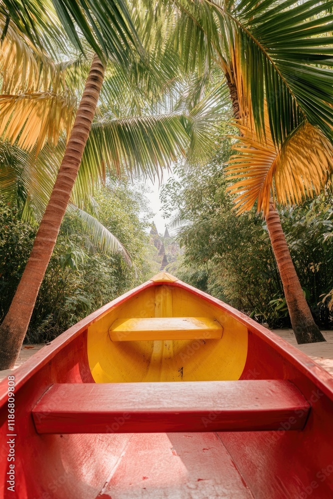 Poster red and yellow boat is sitting in a river. the boat is in the middle of the river and is surrounded 