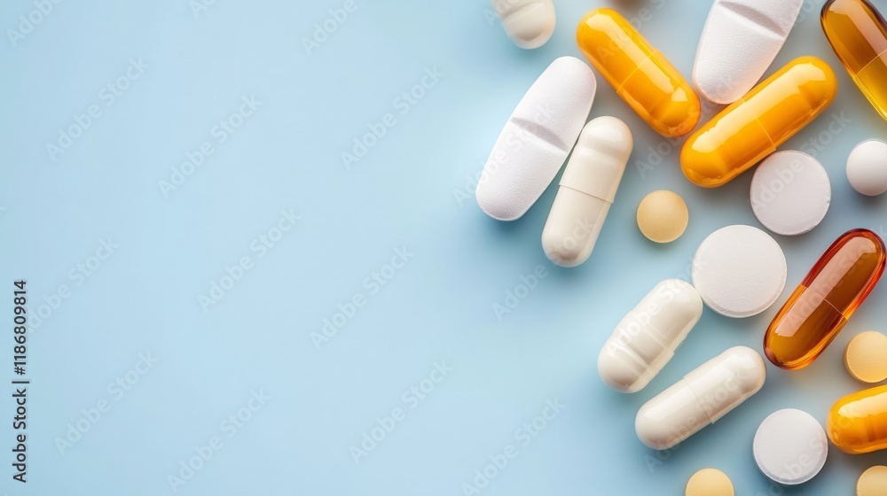 Poster Various colorful pills and capsules are neatly arranged on a light blue surface, creating a visually appealing corner frame with ample copy space for medical or healthcare related themes