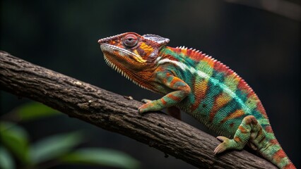 Fototapeta premium Panther Chameleon on Branch Vibrant Colors, Close-Up Composition, Reptile Photography, Wildlife, Chamaeleonidae Reptile, Chameleon