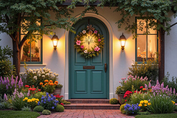 Illuminated Doorway with Spring Wreath